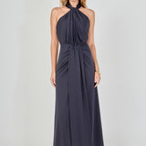 Navy draped halter maxi dress featuring a gathered halter neckline, front waist draping, and a floor-length skirt.