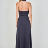 Back view of navy draped halter maxi dress featuring a high halter neck, open back design, and a floor-length hem.