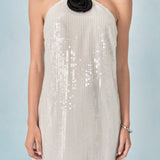Aimee Sequined Halter Mini Dress with Florette