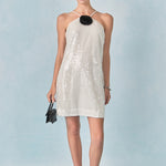 silver halter wedding dress Vintage Halter Neck Silver Thread Beaded Satin Train Wedding Dress P29