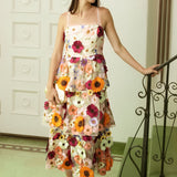 3D Floral Layered Midi Dress