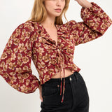 Crinkled Floral Center Cutout Blouse