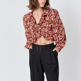 Crinkled Floral Center Cutout Blouse