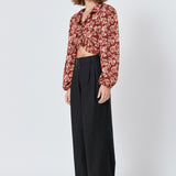 Crinkled Floral Center Cutout Blouse