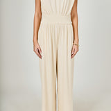 Shoulder Pad Jumpsuit with Smocked Waist