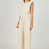 Shoulder Pad Jumpsuit with Smocked Waist