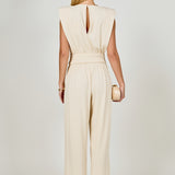 Shoulder Pad Jumpsuit with Smocked Waist