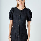 Tweed Puff Sleeve Mini Dress
