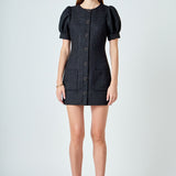 Tweed Puff Sleeve Mini Dress