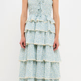 Gridded Texture Floral Smocked Tiered Maxi Dress