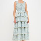 Gridded Texture Floral Smocked Tiered Maxi Dress