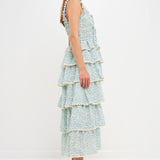 Gridded Texture Floral Smocked Tiered Maxi Dress