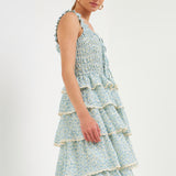 Gridded Texture Floral Smocked Tiered Maxi Dress