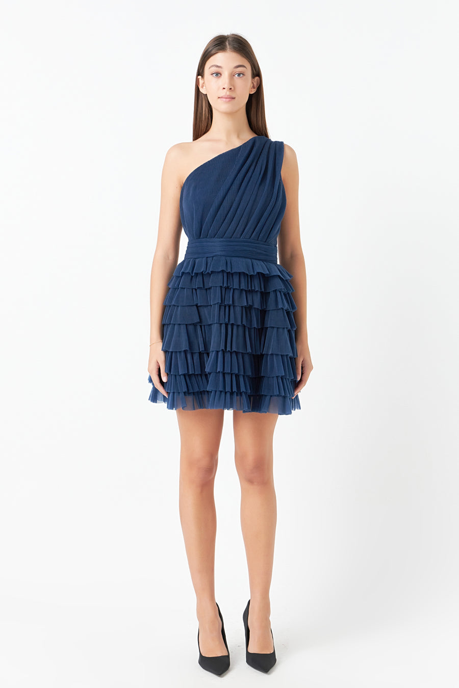 Sleeveless Off-the-shoulder Sheer Tiered Tulle Mini Dress Azalea