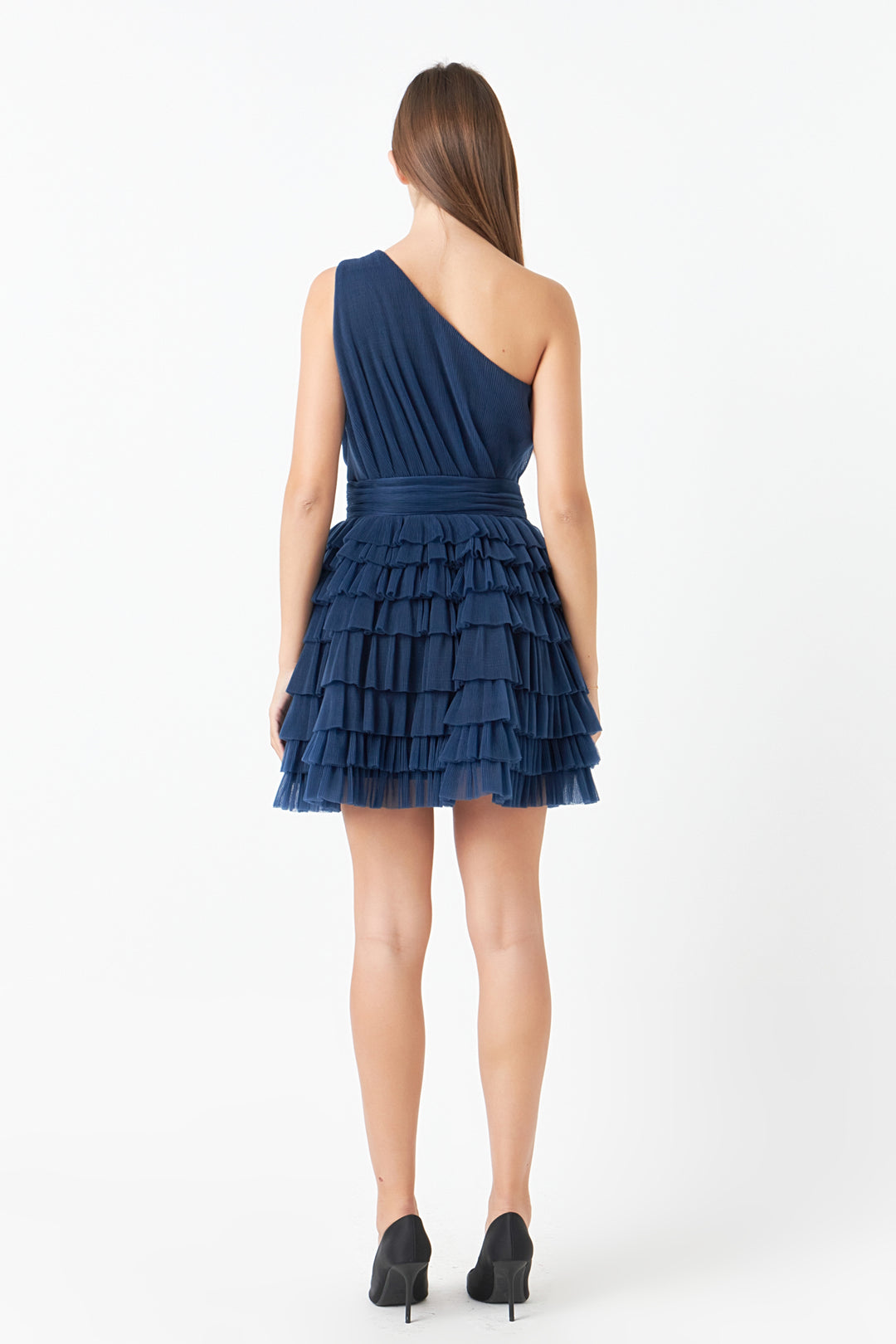 Sleeveless Off-the-shoulder Sheer Tiered Tulle Mini Dress Pool