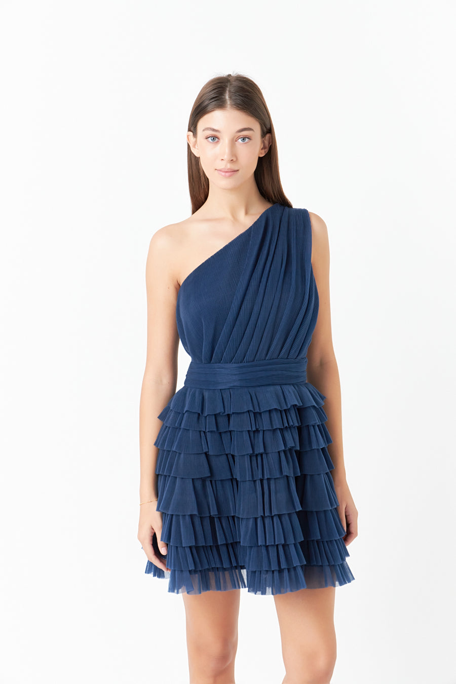 Sleeveless Off-the-shoulder Sheer Tiered Tulle Mini Dress Slate Blue main image 1