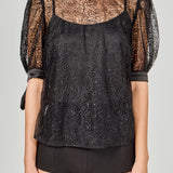 Embroidered Puff Sleeve Satin Bow Top