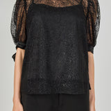 Embroidered Puff Sleeve Satin Bow Top