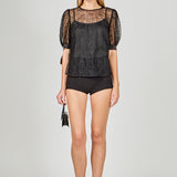 Embroidered Puff Sleeve Satin Bow Top