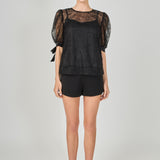 Embroidered Puff Sleeve Satin Bow Top