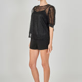 Embroidered Puff Sleeve Satin Bow Top