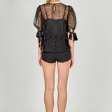 Embroidered Puff Sleeve Satin Bow Top