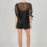 Embroidered Puff Sleeve Satin Bow Top