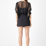 Embroidered Puff Sleeve Satin Bow Top