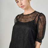 Embroidered Puff Sleeve Satin Bow Top