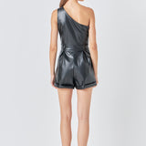 One Shoulder PU Romper