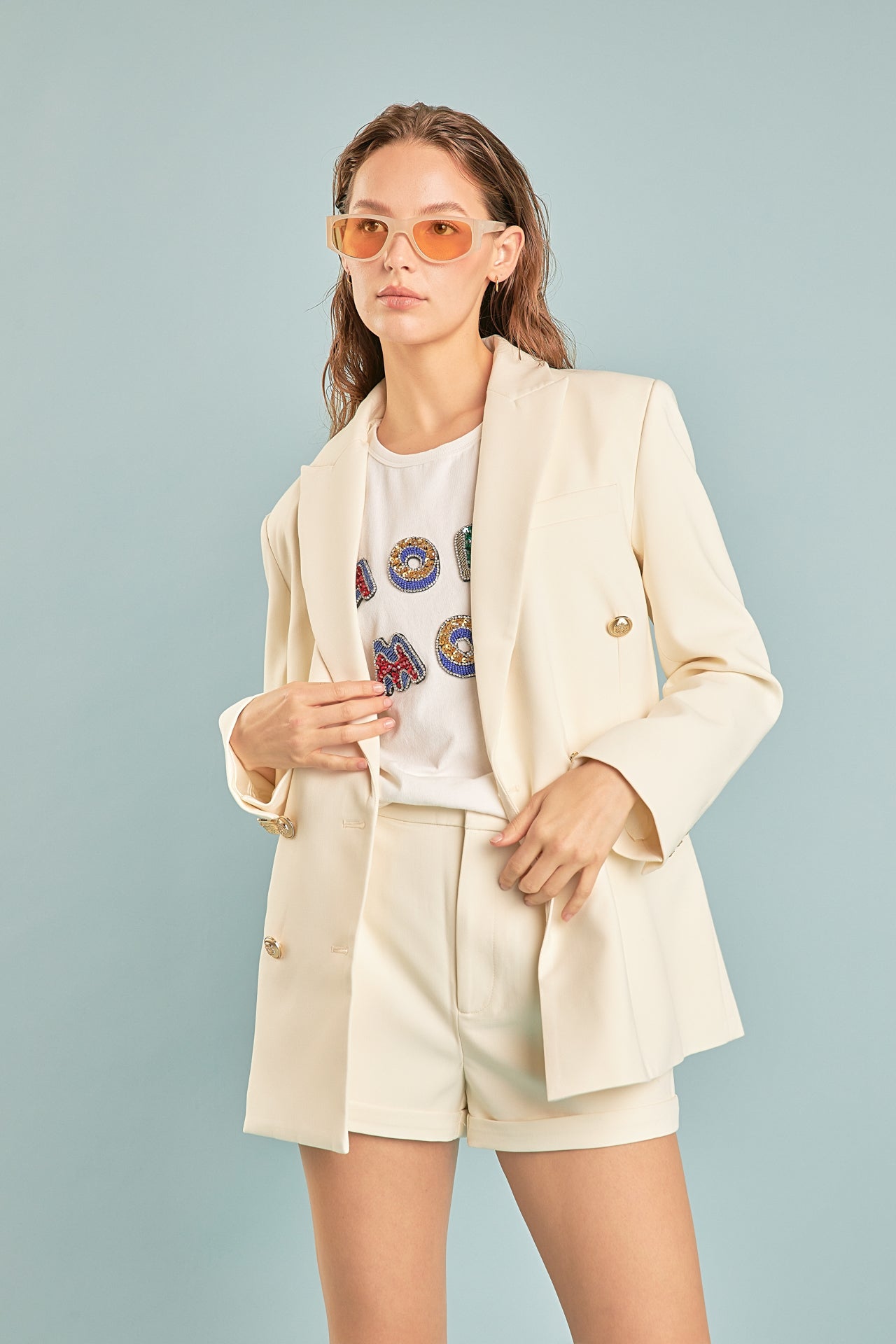 Double Breasted Suit Blazer, Low Rise Shorts, and More Amore Embellished Sweatshirt from Endless Rose