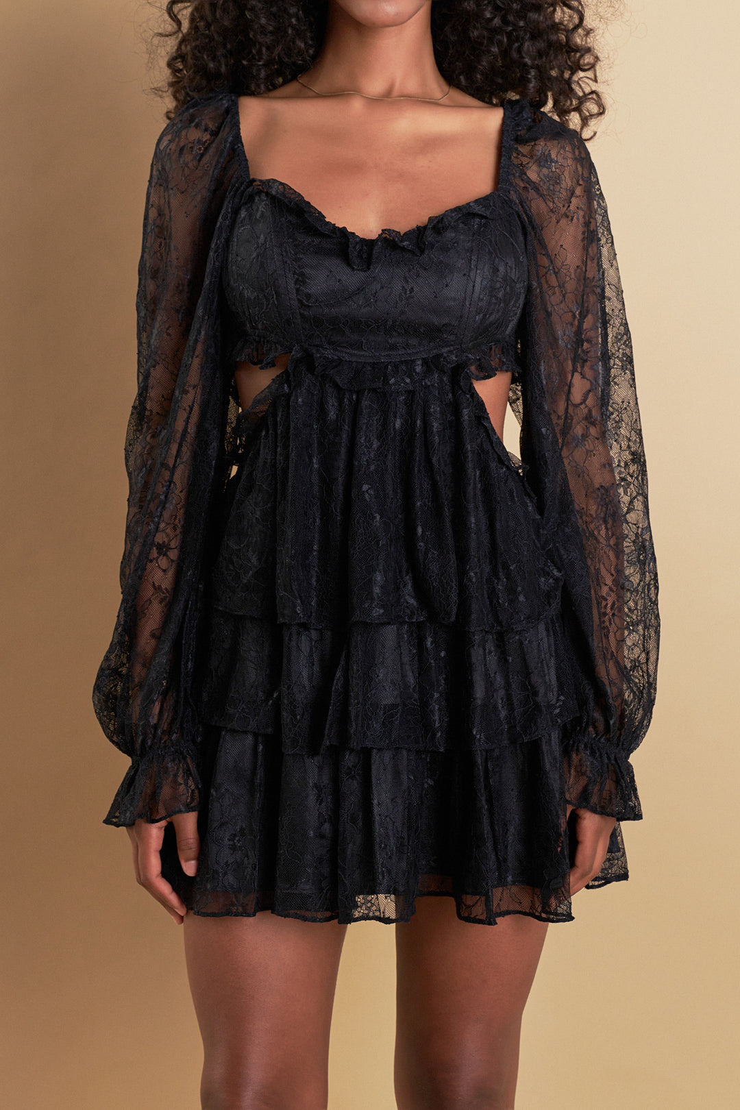 Cut Out Detailed Lace Mini Dress With Feather And Brooch - Handmade