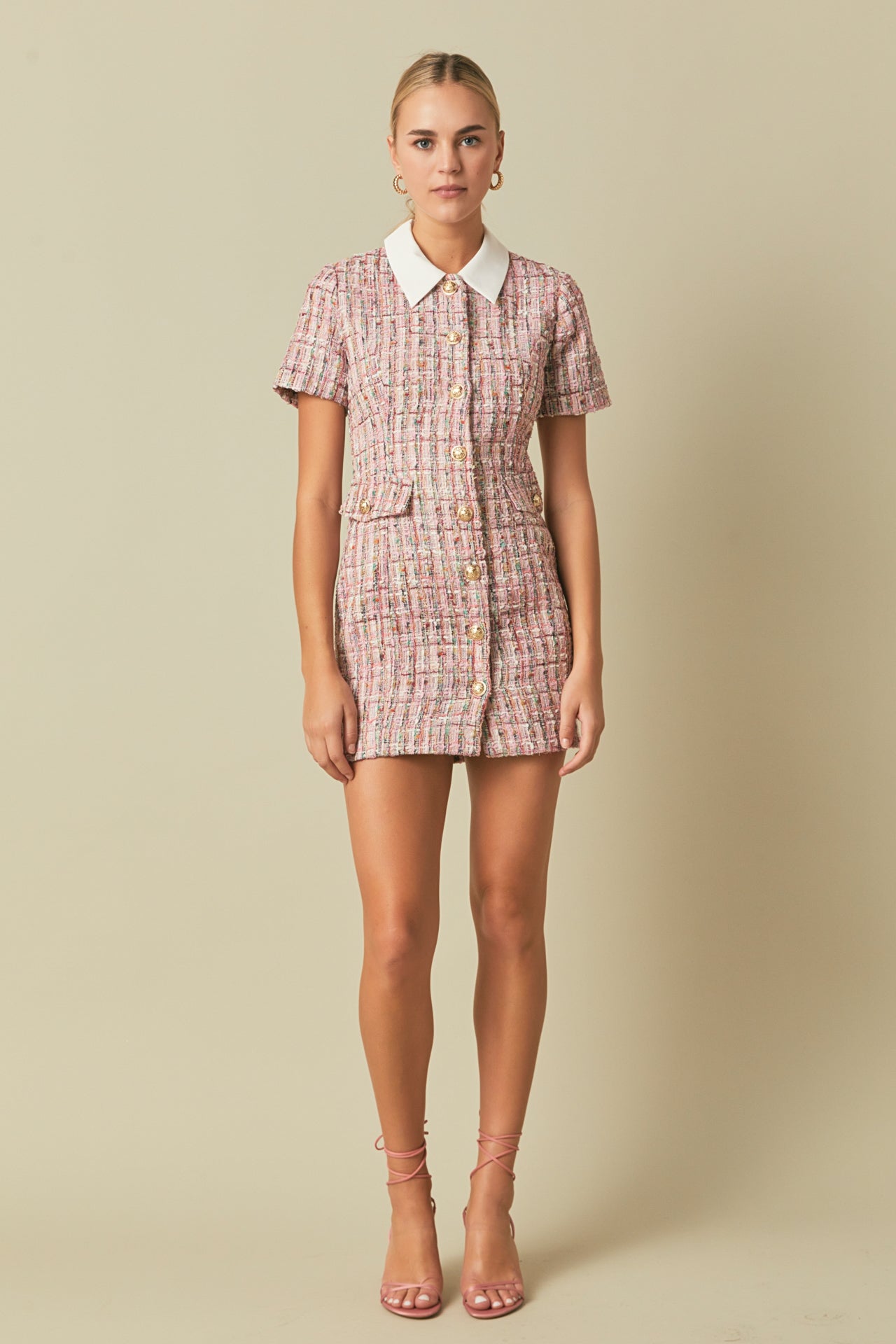 Endless Rose - Multi Tweed Collared Short Sleeve Dress - Dresses in Women's Clothing available at endlessrose.com