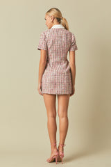 Tweed Braided Rope Collar Short Sleeve Dress