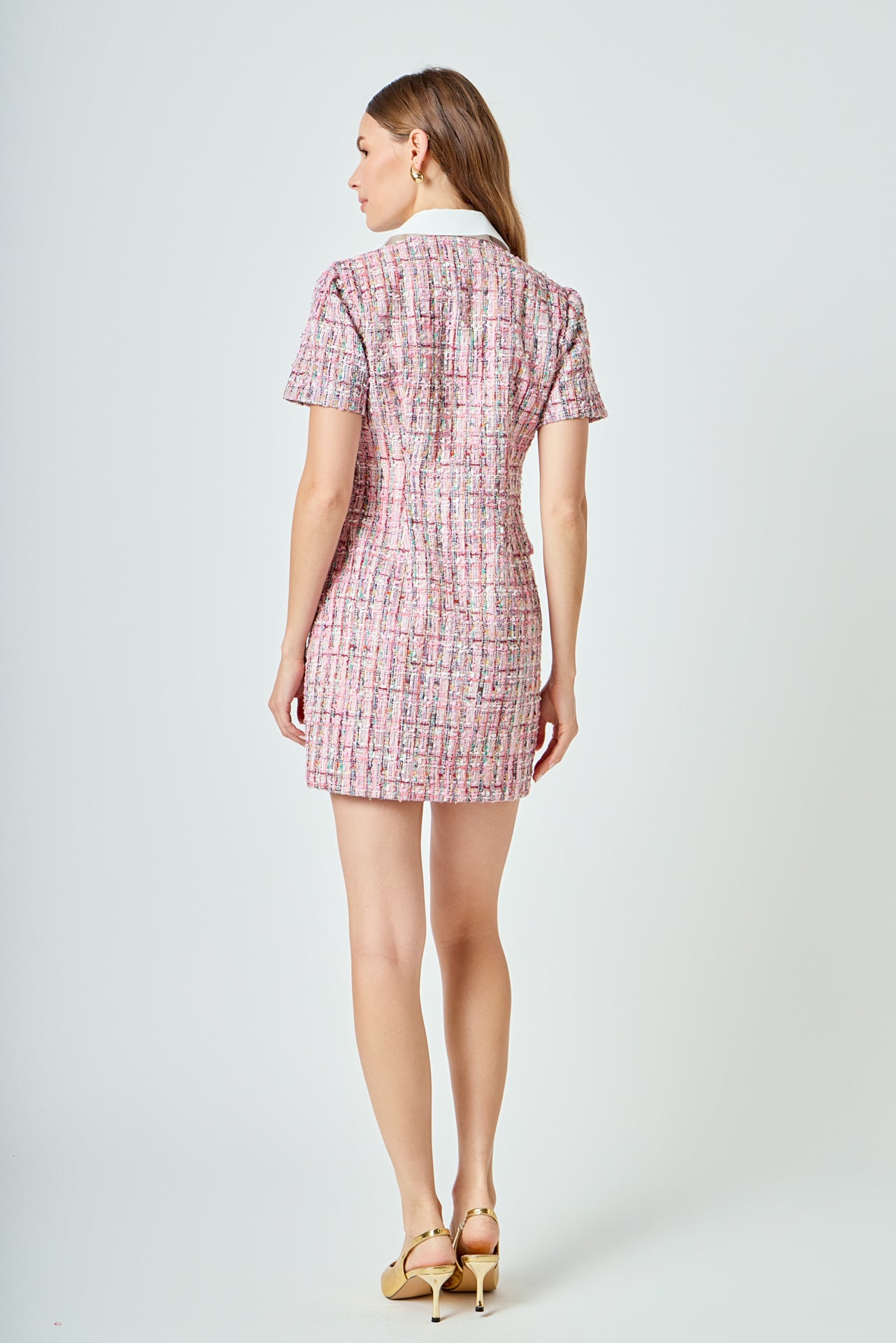 Endless Rose - Multi Tweed Collared Short Sleeve Dress Pink Multi / L Endless Rose - Multi Tweed Collared Short Sleeve Dress Pink Multi / L