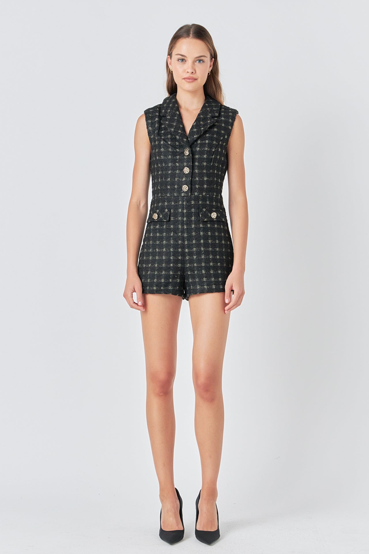 Sleeveless Tweed Suited Romper