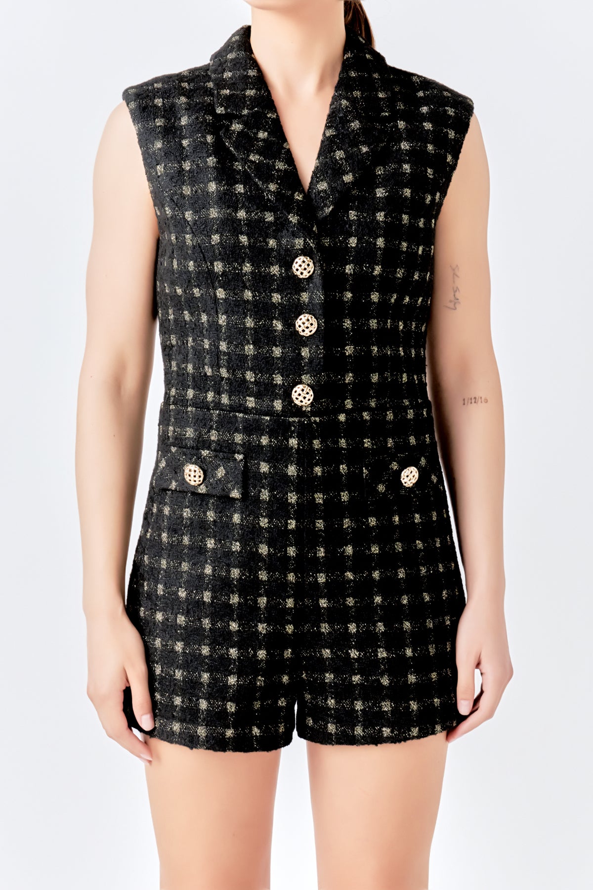 Sleeveless Tweed Suited Romper