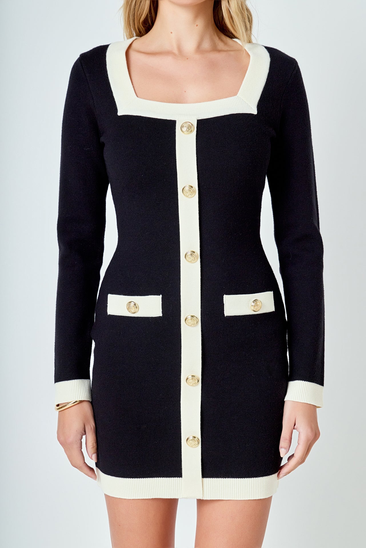 Endless Rose - Long-Sleeve Knit Mini Dress CREAM/BLACK / M Endless Rose - Long-Sleeve Knit Mini Dress CREAM/BLACK / M