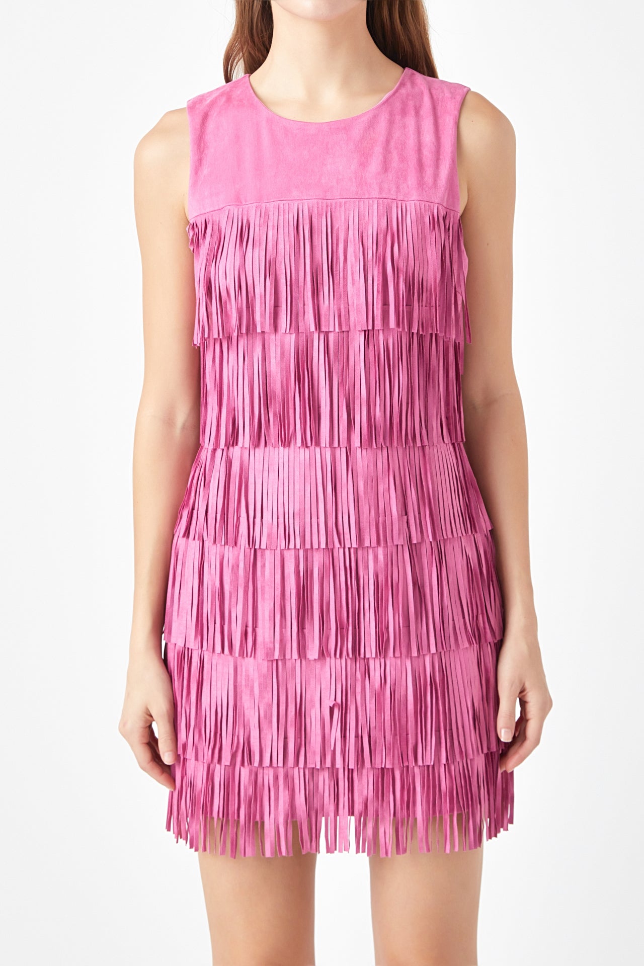 Endless Rose - Tiered Faux Suede Fringe Mini Dress Pink / XS Endless Rose - Tiered Faux Suede Fringe Mini Dress Pink / XS