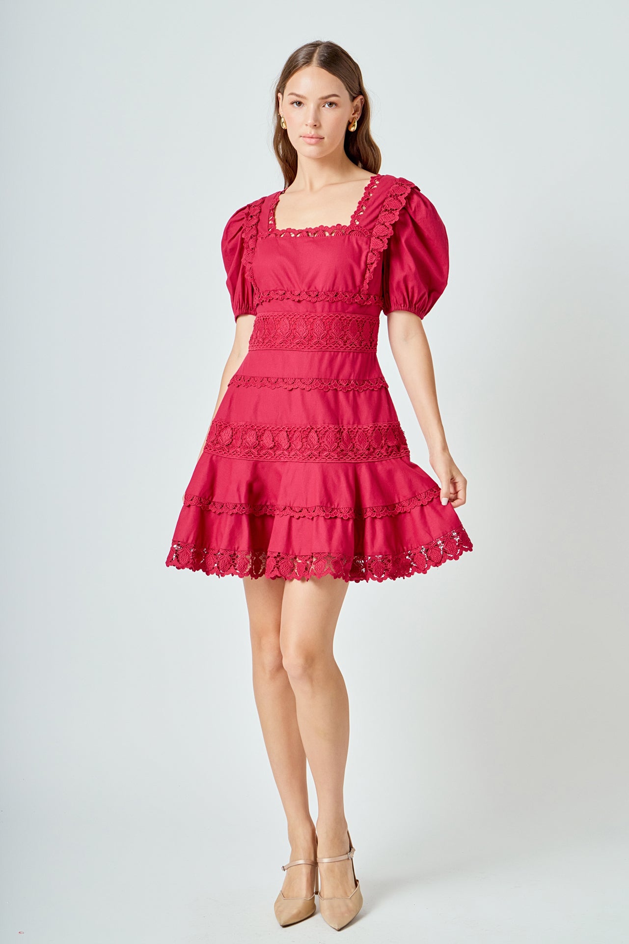 Plunging Lace Trim Dress with Puff Sleeve Endless Rose Plunging Lace Trim Dress with Puff Sleeve Endless Rose