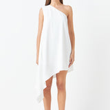 Shoulder Pintucked Asymmetrical Mini Dress
