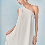 Shoulder Pintucked Asymmetrical Mini Dress