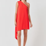 Shoulder Pintucked Asymmetrical Mini Dress