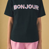 Sequined Embroidered Bonjour Patch Top