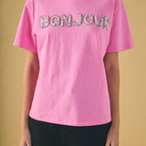 Sequined Embroidered Bonjour Patch Top