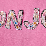 Sequined Embroidered Bonjour Patch Top