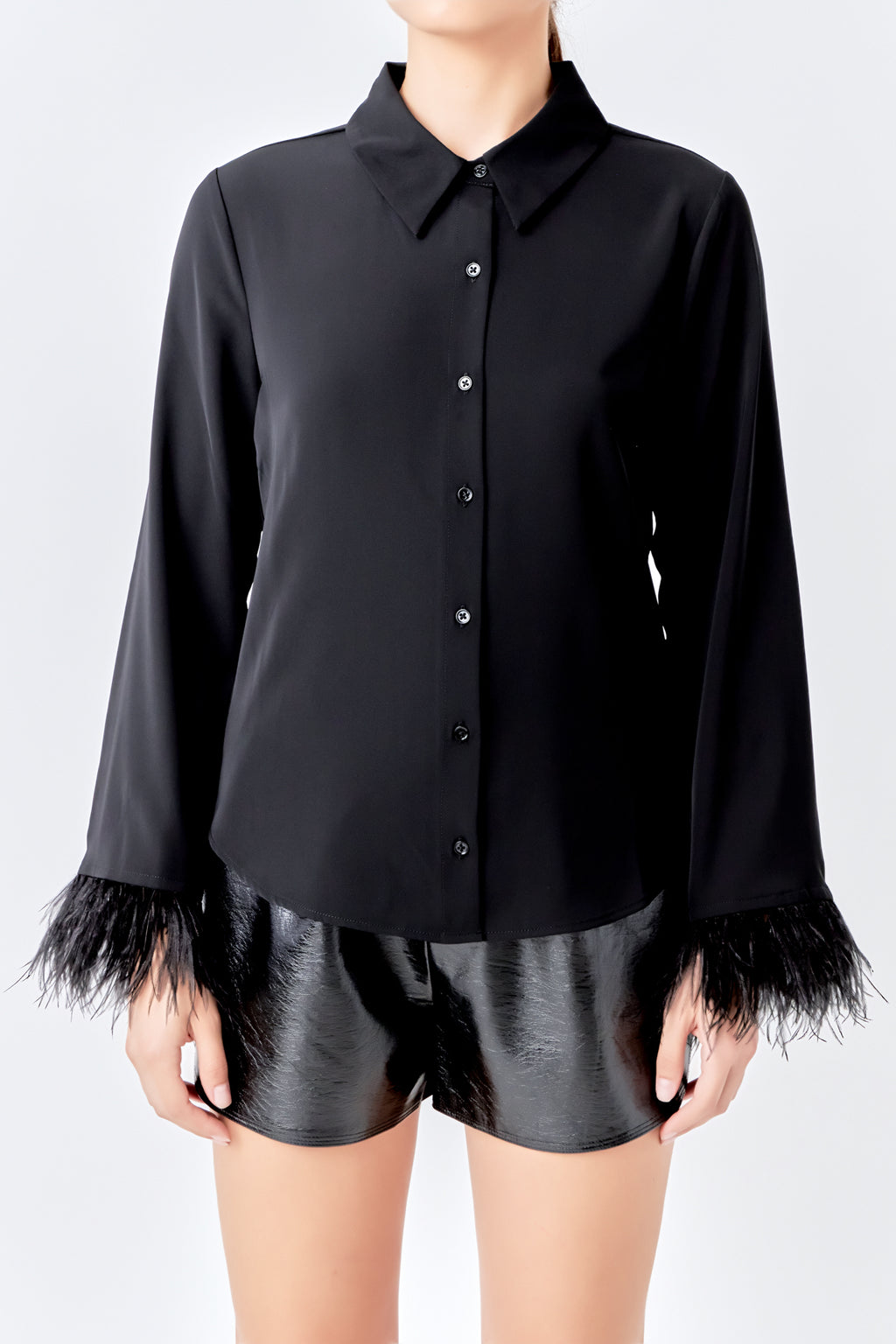 Feather Trimmed Fitted Blouse Top