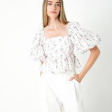 Blouson Sleeve Floral Textured Top
