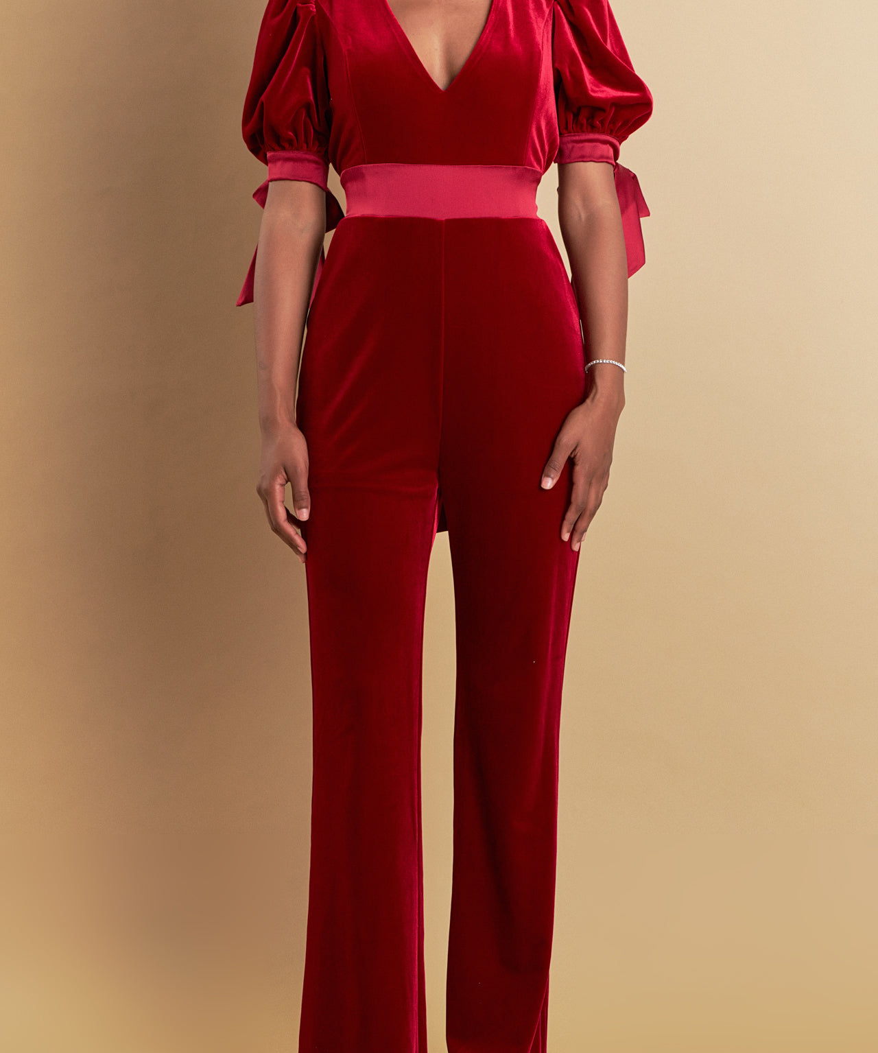 Bow Tie Sleeve Velvet Jumpsuit - Endless Rose