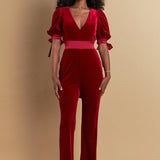 Bow Tie Sleeve Velvet Jumpsuit